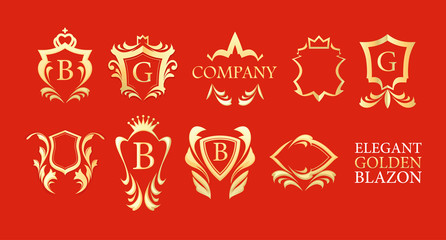 Set of Golden Elegant Blazons on red background