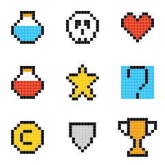 Flat simple illustration of set of minimalistic pixel art vector objects isolated on white background. Color icons in the 8 bit style. Colorful pixel graphic symbols group collection. Vector image.