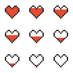 Flat simple illustration of set of minimalistic pixel art vector objects isolated on white background. Color icons in the 8 bit style. Colorful pixel graphic symbols group collection. Vector image.