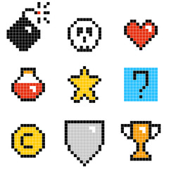 Flat simple illustration of set of minimalistic pixel art vector objects isolated on white background. Color icons in the 8 bit style. Colorful pixel graphic symbols group collection. Vector image.