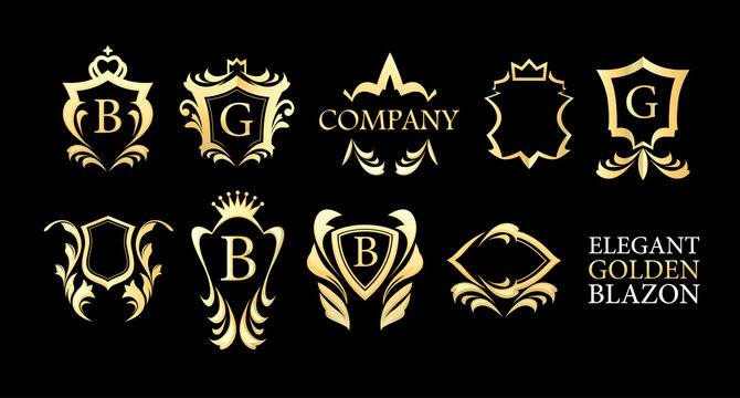 Set of Golden Elegant Blazons on black background