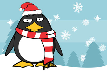 xmas funny penguin cartoon expression santa claus hat background in vector format 