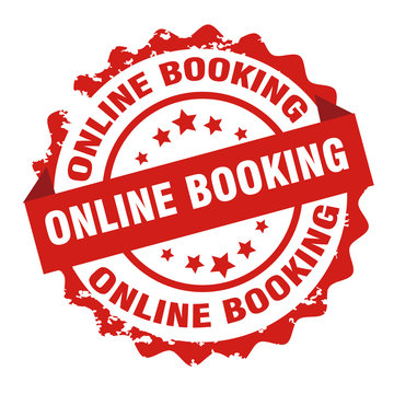 Online booking red text on round stamp