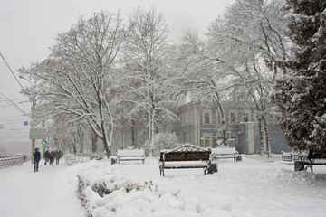 Snowfall on the city street. Scenic winter cityscape. The European part of Russia.	