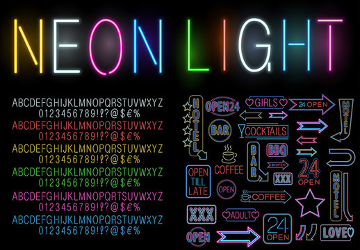 Colorful Neon Style Alphabet and Icon Set 2
