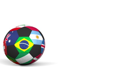 Obraz premium Football ball featuring different national teams accents flag of Brazil. 3D rendering