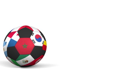Football ball featuring different national teams accents flag of Morocco. 3D rendering