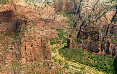 Fototapeta na wymiar View of Zion Canyon and Virgin River, Beautiful scenery in Zion National Park along the Angel's Landing trail, Utah, USA