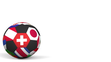 Football ball featuring different national teams accents flag of Switzerland. 3D rendering