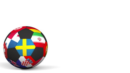 Football ball featuring different national teams accents flag of Sweden. 3D rendering