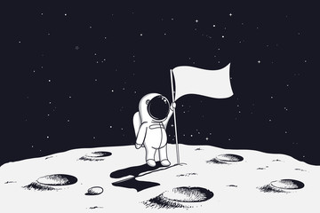 astronaut with flag stands on moon.Hand drawn vector illustration - obrazy, fototapety, plakaty