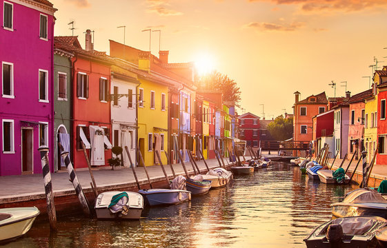 Burano Island In Venice Italy Picturesque Sunset Over Canal