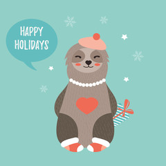 Christmas card with a cute girl sloth