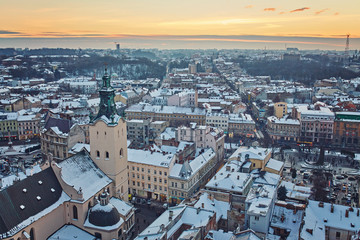 Winter view on the downtown in Lviv, Ukraine.