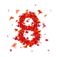 Number 8. Numbers with origami paper bird on abstract background