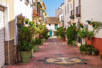 Fototapeta na wymiar Typical Andalusian streets. Flowers pots on the street in Estepona, Andalusia, Spain