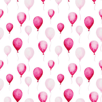 Watercolor baby shower pattern. Pink baloons on the white background. For design, print or background