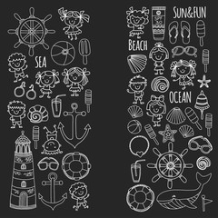 Beach set with children Kindergarten or school vacation Small kids, Nursery, Sea, Ocean, Lighthouse. Boys and girls Doodle vector icons and patterns