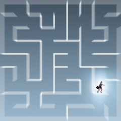 Businesswoman trying to escape from maze labyrinth