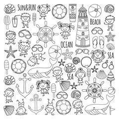 Coloring page Beach set with children Kindergarten or school vacation Small kids, Nursery, Sea, Ocean, Lighthouse. Boys and girls Doodle vector icons and patterns