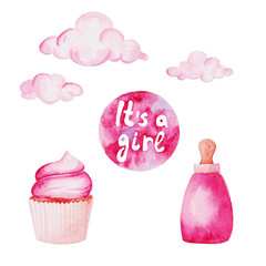Watercolor baby shower set. Its a girl theme with baby bottle and cupcake. For design, print or background
