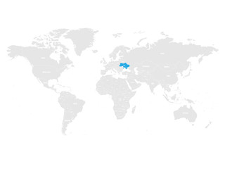 Fototapeta na wymiar Ukraine marked by blue in grey World political map. Vector illustration.