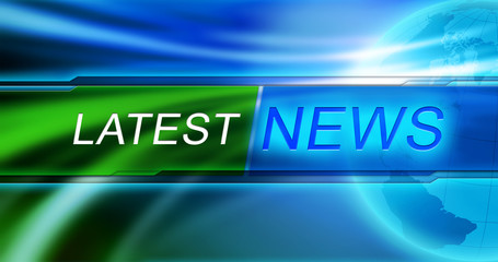 News background wallpaper. Latest news title in the center of banner at blue shiny background, vivid design, red and blue color.