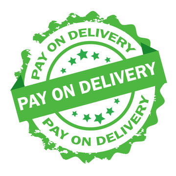 Pay on delivery text written on green round stamp