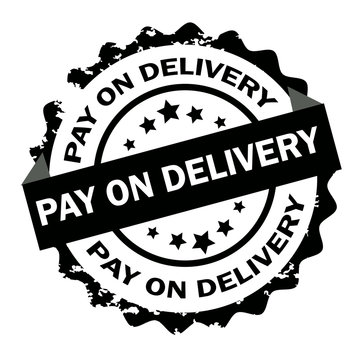 Pay on delivery text written on black round stamp