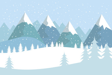 Flat vector landscape with silhouettes of trees, hills and mountains with falling snow.