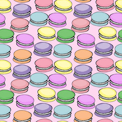 Sweet delicious watercolor pattern with macarons. Hand-drawn background.  illustration on pink