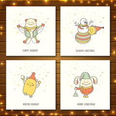 Set of Christmas greeting cards with funny characters. Collection of postcards with personages on wooden background. Vector illustration with cute monsters for new year, winter holidays, xmas