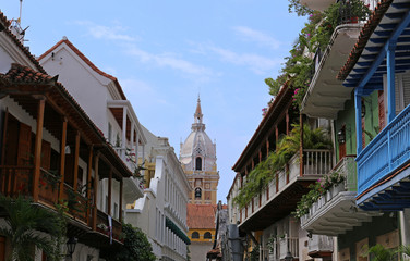 View of balconies leading to the cathedral in Cartagena, Colombia