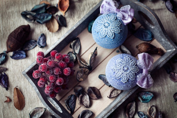 Christmas decoration on the wooden vintage background. New year greeting card template. Vintage effect. Scandinavian style.