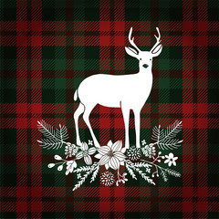 Merry Christmas greeting card, invitation. Deer with Christmas bouquet, floral decoration. Tartan checkered plaid, vector illustration background.
