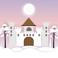 Holiday winter landscape background with winter chateau and snow is shining.