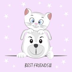 Cute best friends cat and dog. Greeting card.