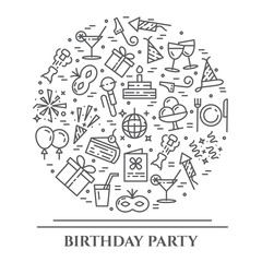 Birthday party theme horizontal banner. Set of elements of cake, present, champagne, disco, firework and other entertainment related pictograms. Vector illustration. Editable stroke