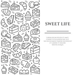 Cakes and cookies theme horizontal banner. Pictograms of pie, brownie, biscuit, tiramisu, roll and other dessert related elements Line out symbols Simple silhouette Editable stroke