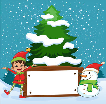 Christmas elf and Snowman with white banner