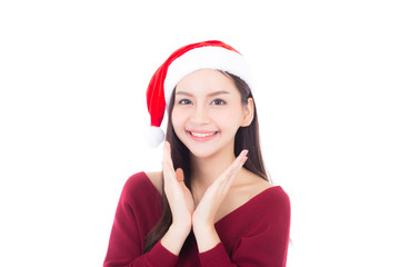 Portrait of beautiful asian young woman with health in santa hat smile and happy, girl model isolated on white background, christmas and holiday concept.