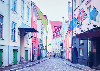 Street with flags at Old city of Tallinn