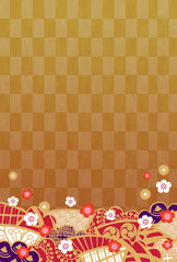 年賀イメージ　和柄の扇と松　金格子の背景