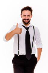 Smiling man on white background showing thumb up. hadsome beardy guy cheerfully smiling.