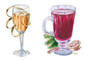 Mulled wine and champagne in glasses. Isolated on white background. 