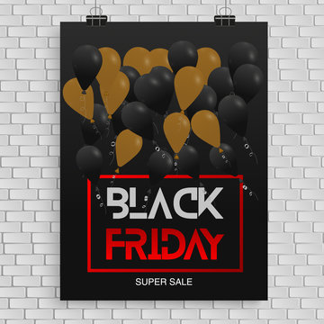 Black friday sale banner template vector design with balloons on a of gray brick wall background.