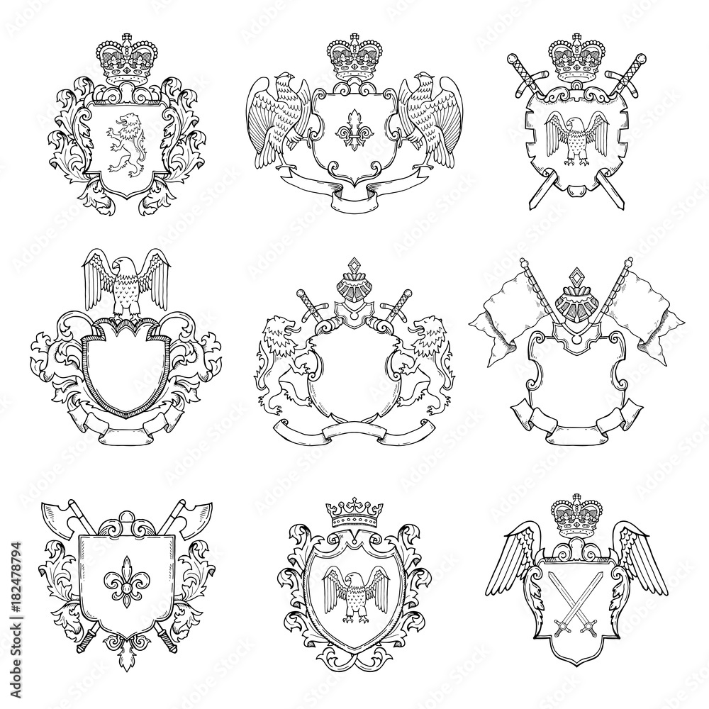 Poster template of heraldic emblems. different empty frames for logo or badges design