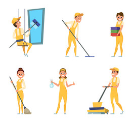 Fototapeta na wymiar Team workers of cleaning service. Set of different characters in special clothing