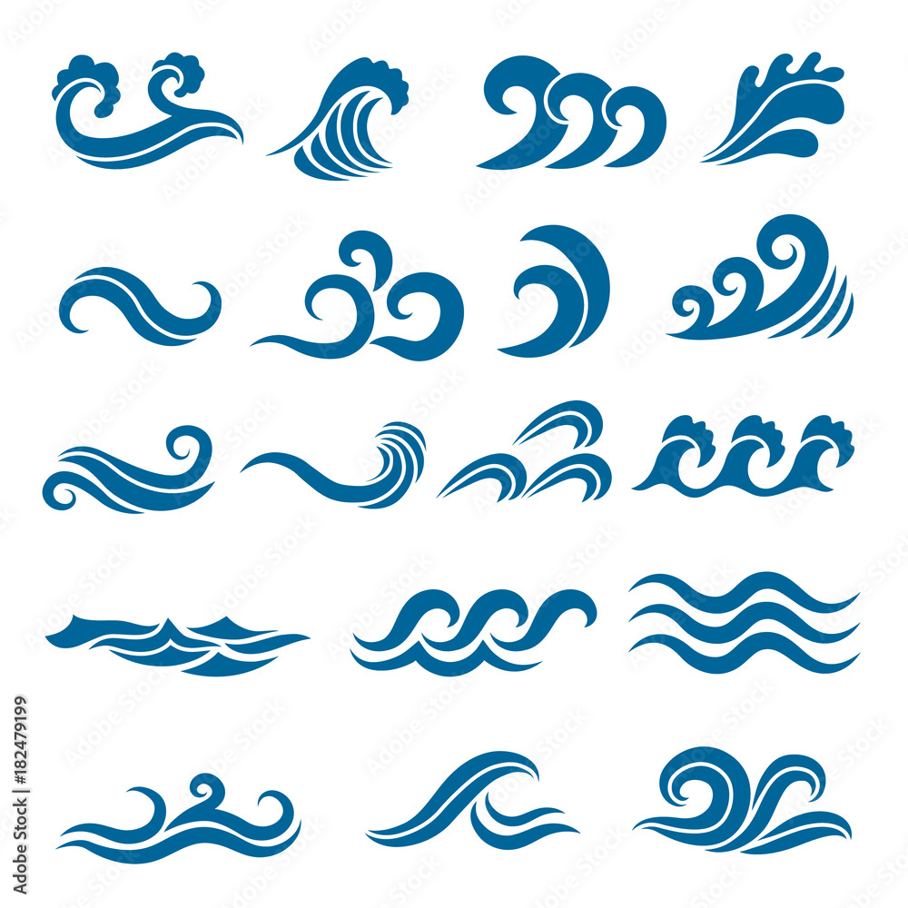 Sticker big set of stylized ocean waves. colored vector set