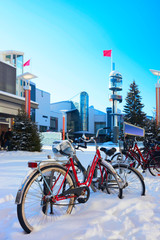 Bicycles on snowy street of winter Rovaniemi